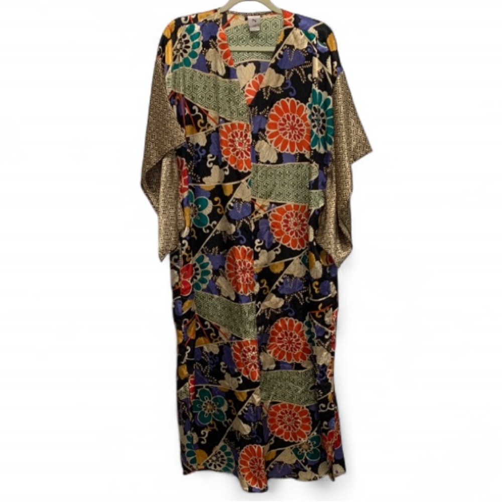 Natori Boho Colorful Patchwork Satin Caftan Dress